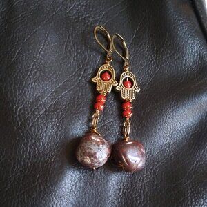 Hamsa Hand Dangle Earrings! Blessings & Protection! Huge Blood Red Stone Nuggets